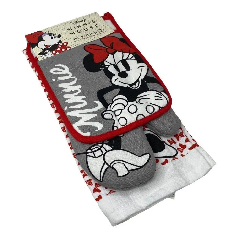 New Disney MINNIE MOUSE 3PC Kitchen Towel Oven‎ Mitt Pot Holder Set Home Parks
